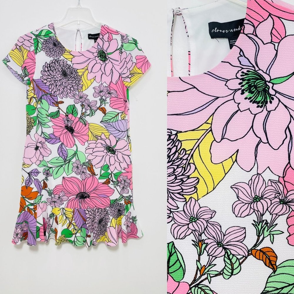 Clover and Sloane Womens Dress 2 Small Midi Floral Print Short Sleeve Ruffle New